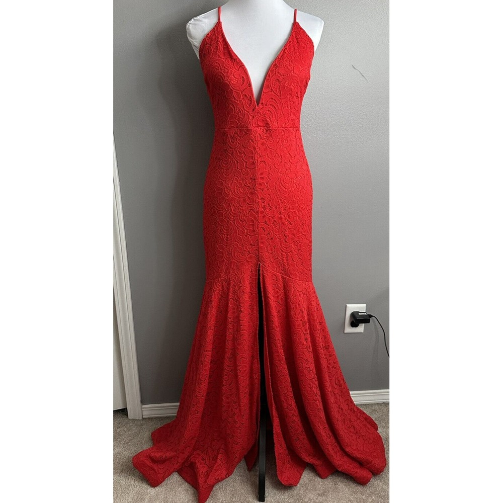 Windsor Womens Plunging V-Neck Red Lace Formal Maxi Dress High Slit Evening Gown